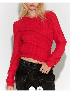 Free People Fiery Red "Pink Sands" Ruched Long Sleeve Top - Women XL NWT
